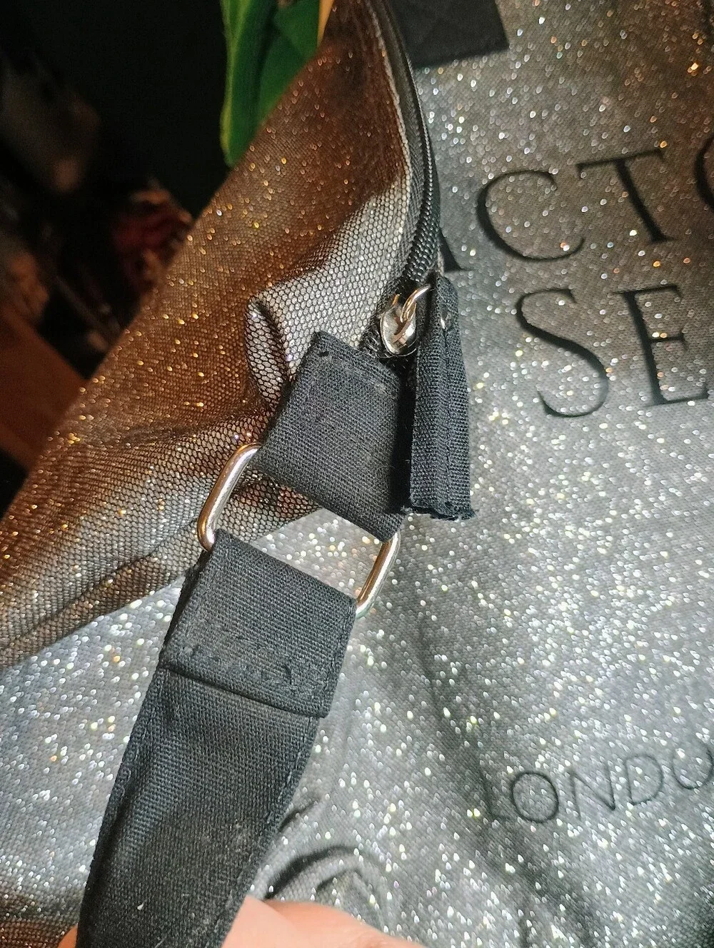 Victoria's Secret Silver Glitter Tote with Black Handles